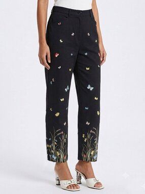 Vintage 80s Talbots Embroidered Stretch Cotton Black Pants Trousers Butterflies